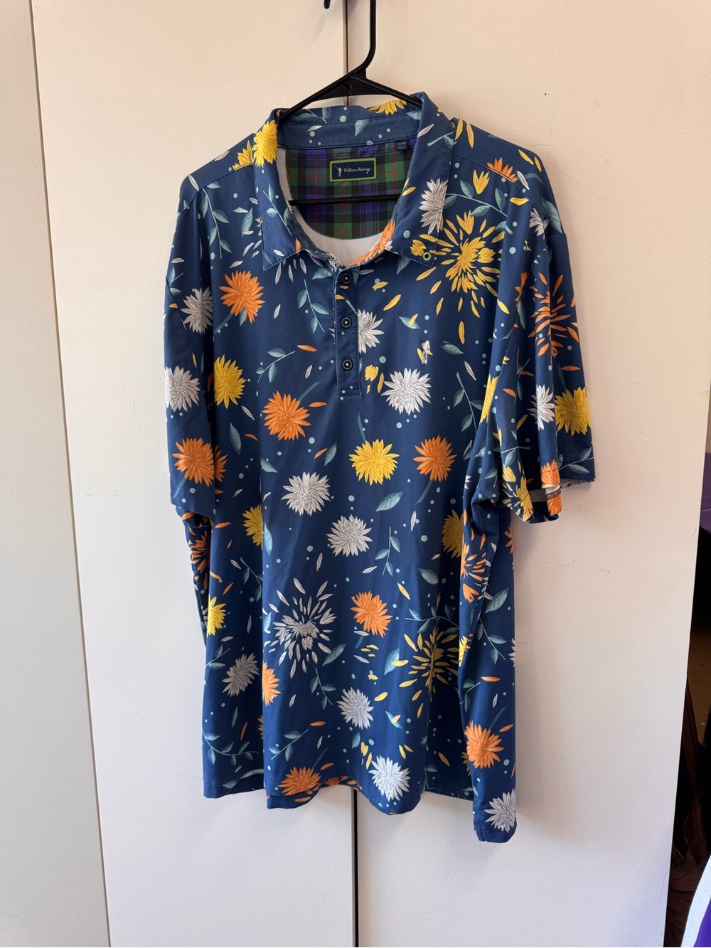 William Murray Golf Navy Floral Short-Sleeve Polo with Yellow & Orange Blooms